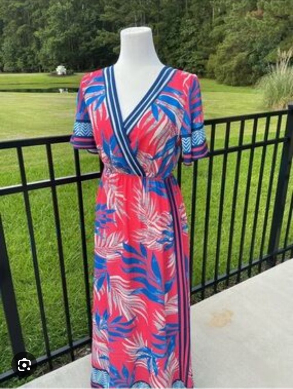 Flying Tomato Orange Maxi Dress with Blue and Cream Leaf Print